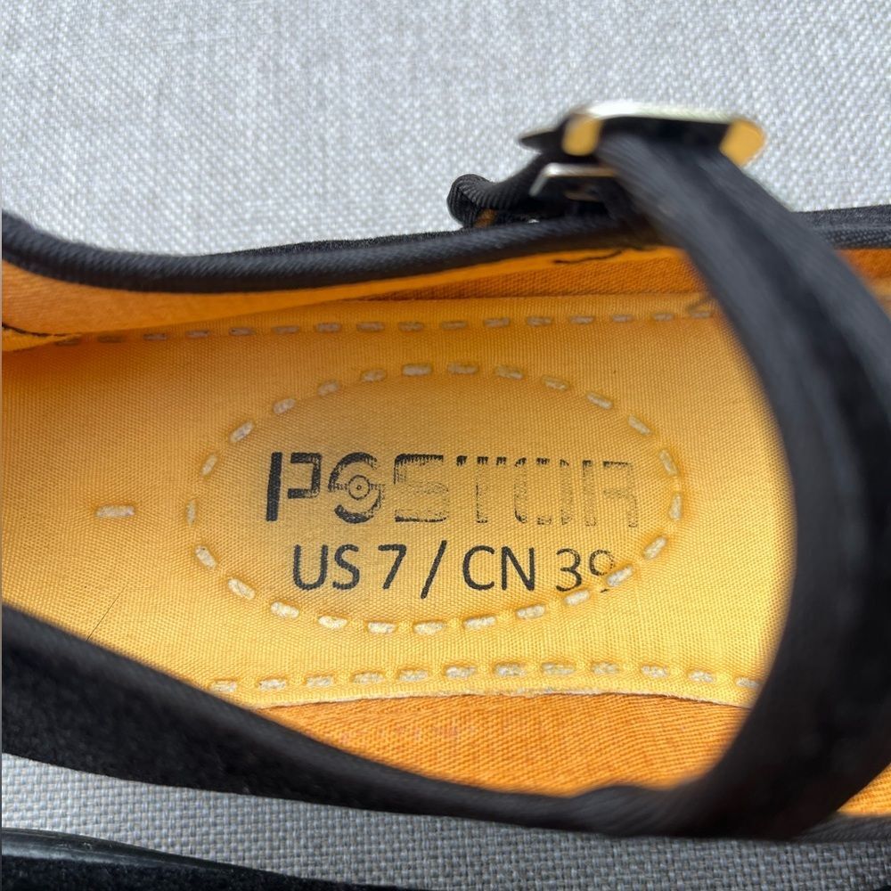 Black faux suede flat shoes, round toe,strap across,metal closure,rubber sole, 7 - Picture 9 of 9